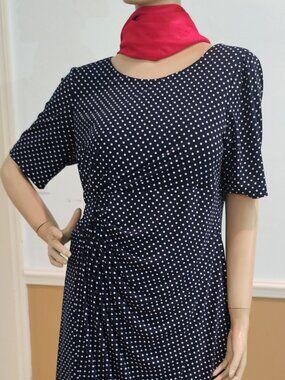 Vintage Dress Barn Navy and White Polka Dot Ruched Short Sleeve Dress Size 14